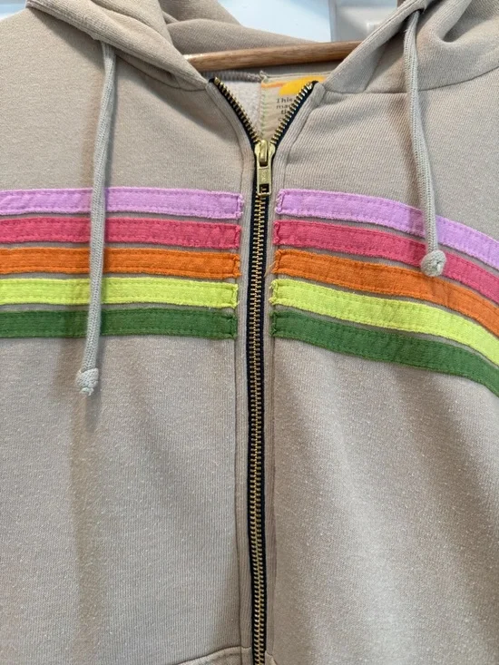 Aviator Nation Khaki Zip-Up Hoodie with Pink, Orange, Yellow & Green Stripes - Picture 3 of 6